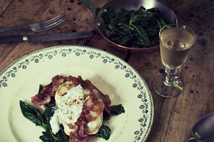 Monk fish with baby spinach and bacon